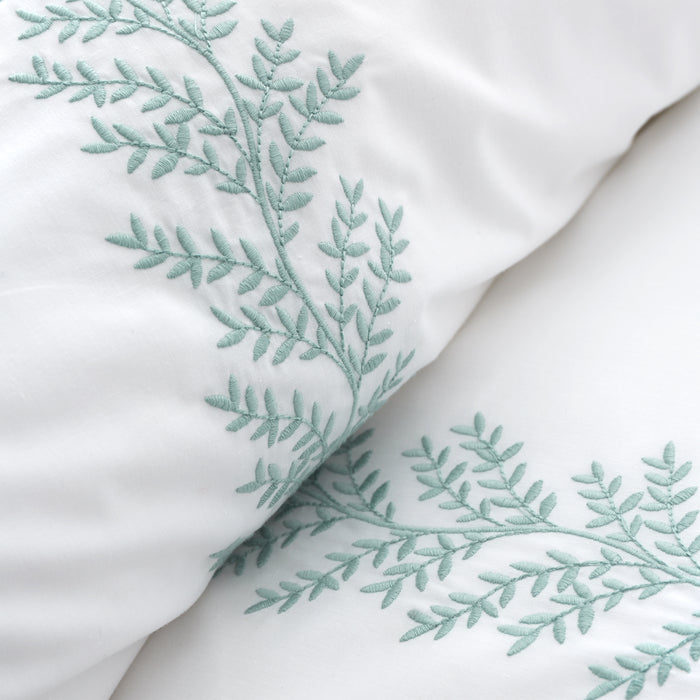 Bianca Embroidery Leaf 180 Thread Count Cotton Duvet Cover White / Green