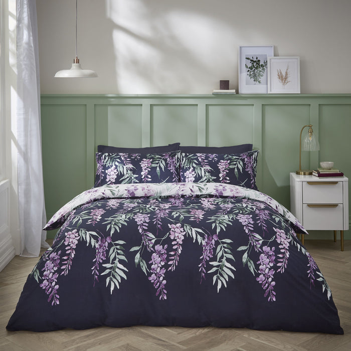 Catherine Lansfield Bedding Wisteria Duvet Cover Set with Pillowcases White / Navy