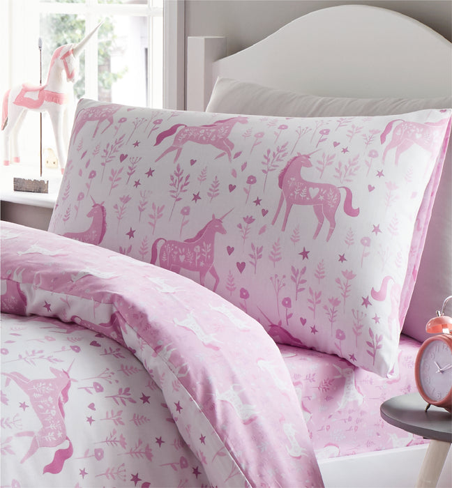 Catherine Lansfield Folk Unicorn KIds Duvet Cover Set Pink